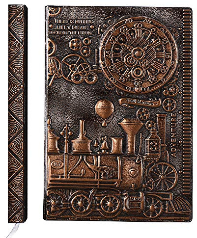 YHH Carnet A5 Ligné Couverture Rigide, Carnet de Voyage en relief Fait Main Cahier de notes en Cuir Vintage, Calepin Journal Intime Notebook 200 pages Cadeau Enfant Adulte Femme Homme 3D Train Cuivre