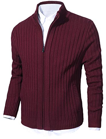 Cardigan Homme Automne Hiver Ouvrez-Front Zippé Gilet Veste Tricoté Chaud Coupe ajustée Col Droit Manche Longue avec Poches Vin Rouge L