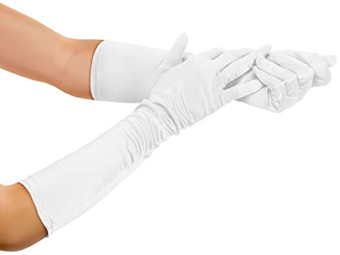 Balinco Damen Handschuhe Lang, Elegant, 1920er Stil, Glamour Abendhandschuh, Oper, Klassisch, Elastisch, Satin, Gothic, Festlich, Faschingskostüme, Karneval, Weiberfastnacht (Weiß)