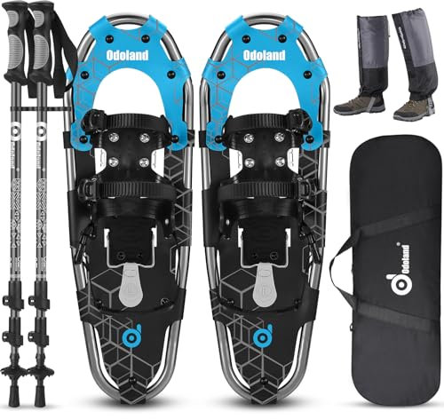 Odoland Schneeschuhe mit Steighilfe Allround 4 IN 1 für Damen und Herren mit Wanderstöcken, Wasserdichten Gamaschen und Tragetasche, ab Schuhgröße 21 INCH