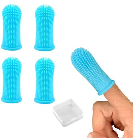4 Stück Silikon Hundezahnbürste,Blau Fingerlinge Zahnbürste, mit Aufbewahrungsbox,Fingerzahnbürste Hundezahnbürste für Kleine,Mittlere und GroßE Hunde