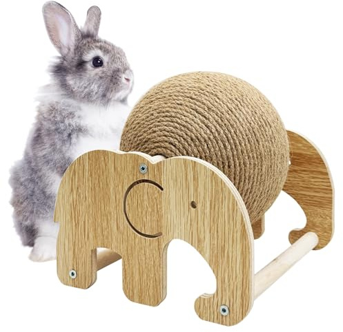 Fhiny Rabbit Scratch Toy, Natural Sisal Rabbit Scratching Ball Cute Sisal Rope Bunny Claw Scratcher Rotating Ball Interactive Toys Nail Scratching Post for Indoor Pets Kittens Ferrets Elephant Shape
