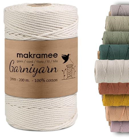 Makramee Garn 3mm Premium – 200m Baumwollkordel 100% Baumwolle für Makramee, Wandbehänge, Pflanzenhänger, DIY Basteln & Handarbeit – Hochwertiges Makramee-Garn Baumwollgarn 3mm Natur