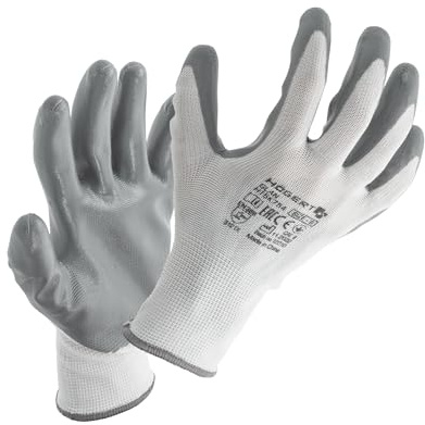 Högert Technik Guanti protettivi rivestiti in nitrile, bianco/grigio, taglia 10, resistenti a strappi e punti, ideali per lavori di montaggio precisi, ecologici