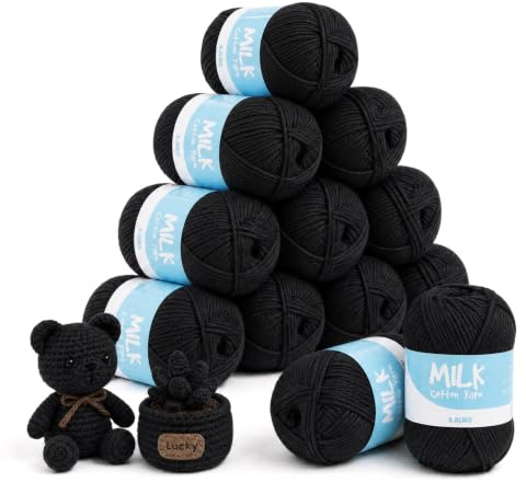 ilauke Knitting Wool 12x50g Black Soft Acrylic Milk Yarn for Crochet Craft | Super Soft Acrylic Yarn, Sturdy and Wear-resistant, 5-Ply, 12 Sufficient Skeins (1200M Total) fit Various Handmade Crafts.