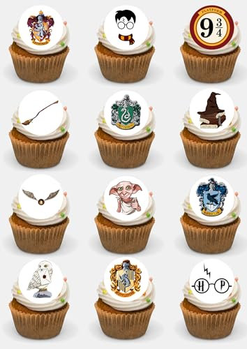 Magical Wizard 24 Precut Round Edible Cupcake Toppers Stand Up Premium Wafer Card Harry Wizard Fairy Cakes Party Decorations