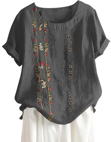 Blusa de lino para mujer, bordada, floral, manga corta, cuello redondo, con botones, estilo bohemio, étnica, gris, S