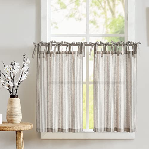 TOPICK Juego de 2 cortinas de lino a rayas, 60 x 65 cm, opacas para armario de cocina, comedor, translúcidas, pequeñas ventanas, gris sobre beige