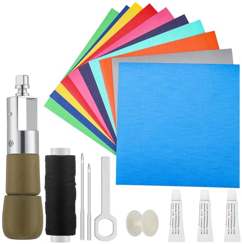 Leumoi 19 Pcs Bounce House Patch Repair Kit Professional Vinyl Inflatable Bounce Houses Repair Kit Includes Multi-Color Vinyl PVC Patches with Glue Sewing Awl Stitch Tool Set for Pool Floats