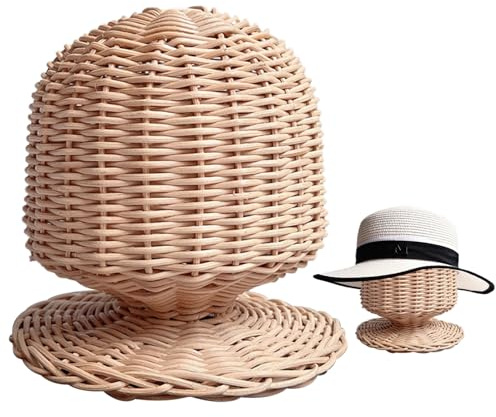 Soporte de exhibición de sombrero, 19.7 Circaneño de la cabeza Rattan Ratt Stand, casco rústico de escritorio para hombres para hombres para pantalla de béisbol de béisbol/vaquero/snapback/wig p.