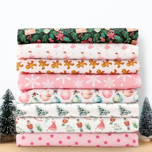 JarThenaAMCS 8Pcs Christmas Cotton Fabric Bundles Gingerbread Bell Snowflake Nutcracker Fat Quarters Pastel Pink Winter Quilting Patchwork for DIY Sewing Craft Decor, 18 x 22 Inch