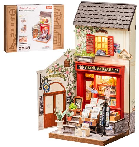 Rolife DIY Miniature Dollhouse Kit, Vienna Bookstore 3D Wooden Puzzle with LED Light, 1:18 Scale Miniature Book Nook Kit for Adults, Creative Birthday Gift & Home Decor (290 PCS)