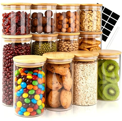 Otauoaea 12pcs Tarros de Cristal con Tapa, 4x 800ml & 4x 550ml & 4x 300ml Frascos de Vidrio Herméticos, Botes de Cristal con Tapa de Bambu para Almacenaje Cereales, Harina, Merienda
