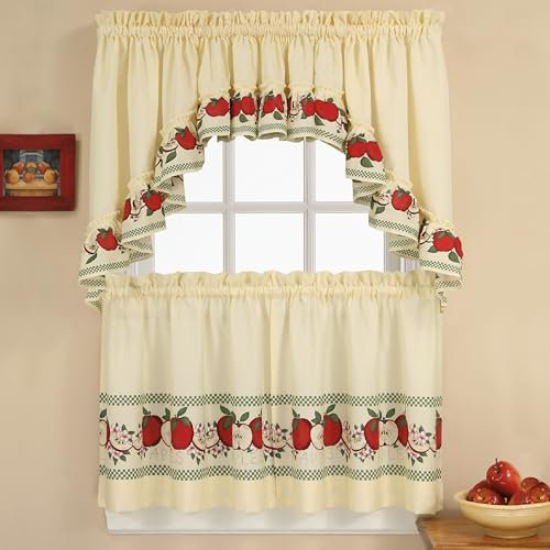 CHF & You Red Delicious Country Apples 3-Piece Window Curtain Tier Set, Ivory, 56-Inch X 24-Inch