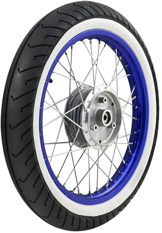 Komplettrad - VORNE - 1,5x16 Zoll - Alufelge blau eloxiert und poliert, Chromspeichen - MITAS-Weißwandreifen MC2 montiert