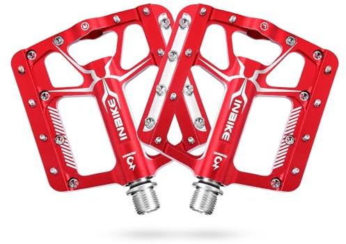 INBIKE Pedales Antideslizante De MTB Bicicleta, Pedales Plataforma De Aluminio con Rodamiento 9/16 para Bicicleta De Montaña Bicicleta De Carretera(Rojo)