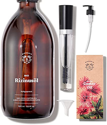 Bionoble Rizinusöl Bio 500ml - 100% Rein, Natürlich, Kaltgepresst - Wimpern, Augenbrauen, Haare, Bart, Nägel - Vegan, Cruelty Free - Castor Oil - Glasflasche + Pumpe + Mascara Kit