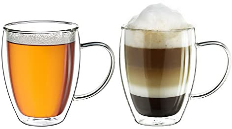 Creano doppelwandiges Thermoglas mit Henkel 250ml, großes Doppelwandglas aus Borosilikatglas, Kaffee-/Teeglas, 2er Set