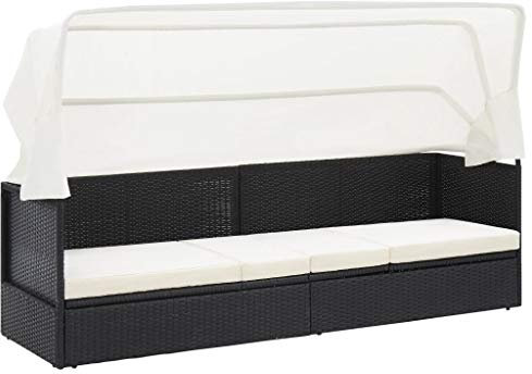 Tidyard Gartensofa mit Sonnendach Outdoor Sofabett Liege Gartenliege Gartenbett Gartenmöbel Gartensofa Lounge Loungebett Gartenmuschel Gartenmöbel Schwarz Poly Rattan