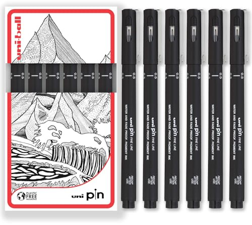Uni Pin Fineliner Zeichenstift, schwarze Tinte, 6 Stück, feine 0,5 mm Spitze, in Geschenkbox