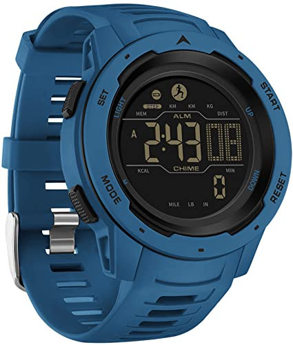 findtime Schrittzähler Armbanduhr Blau mit Kalorien 5ATM Wasserdicht Timer Stoppuhr, Fitness Herrenuhr Digital Militär Tactical Uhr Duale Zeitzone Sport Outdoor für Männer Jungen