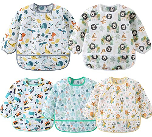 Yealoo Paquete de 5 Babero con Mangas Impermeable 6-30 Meses Baberos Babetes Bebe