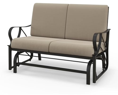 KOMFOTTEU Dubbel skjutstol, robust järnram, dubbel gungstol, med mjuk avtagbar kudde, trädgårdsbänk, högt ryggstöd och ergonomiska armstöd, gungbänk, khaki