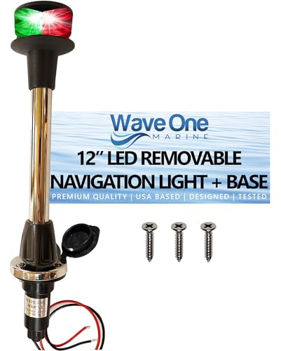 Wave One Marine 12 LED Bow Removable Bi-Color Navigation Light With Stainless Plug In Base | Boat 2 Pin Pole Pontoon Red Green Lights 1NM Visibility | 12 Volt DC | Night Nav Waterproof Inches