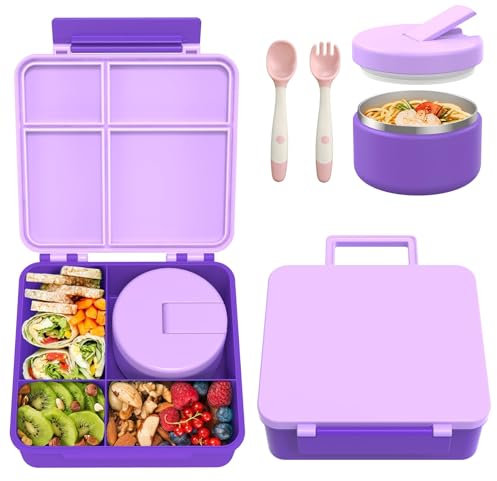 Pawtong Bento Lunch Box with 8oz Soup Thermo, Kids Leakproof Lunch Food Containers with 4 Compartment, Kids Thermo Insulated Hot Food Jar for School, Trvael (Purple)