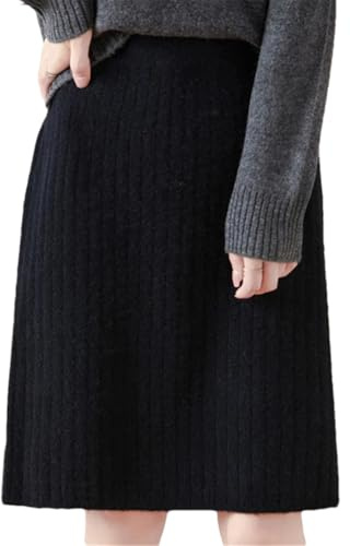 Deepsko Falda de punto de lana para mujer, holgada, recta, casual, color sólido, cintura elástica, longitud hasta la rodilla, Negro, M