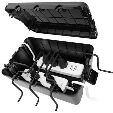 RISEMART extra große kabelbox (32 * 21 * 13 cm), IP54 wasserdicht, 7 Kabeleingänge und -ausgänge (3 vorne und 4 seitlich) Outdoor kabel safe box, Timer-Steckdose, Polypropylen, schwarz