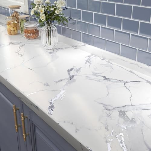FunStick Carta da Parati Autoadesiva Effetto Marmo Bianco Argento Rivestimento Piano di Lavoro Cucina Lavabile Carta Adesiva Marmo per Mobili Bagno Pellicola Adesiva per Mobili Bianco Argento 30CM×5M