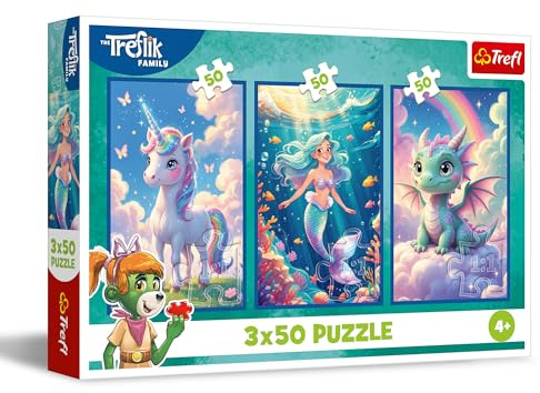 Trefl - Puzzle 3in1: The Treflik Family, Insieme nel Mondo Colorato - 3 x 50 Pezzi, Set di Tre Puzzle per Bambini dai 4 anni
