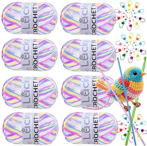 Lot de 8 pelotes de fil à crochet (8 X 50 g, 4 fils), laine à tricoter multicolore, laine à double tricoter avec crochets en aluminium et marqueurs de points, fil acrylique pour projets de bricolage