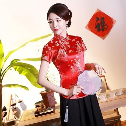 VRTYVEYBB Ladies Chinese Satin Blouse Traditional Dragon Phoenix Design for Everyday Style (S Red)