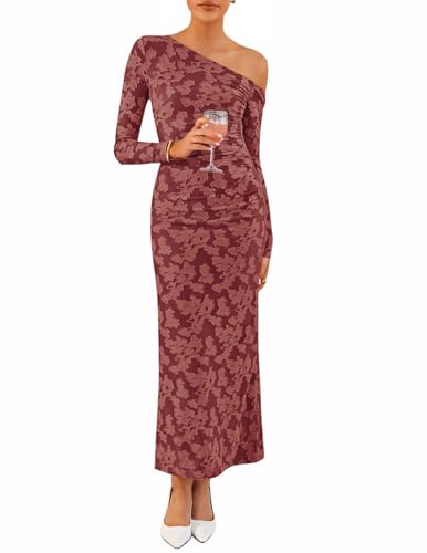 ZESICA Women's Spring Floral Off Shoulder Bodycon Maxi Dresses 2026 Long Sleeve Ruched Elegant Cocktail Party Dress,WineRed,Small