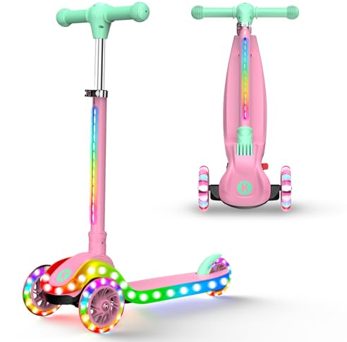Kidscoter Monopattino a 3 ruote con illuminazione a LED, regolabile in altezza e pieghevole, per bambini da 3 a 12 anni, manubrio luminoso e ponte, max. 60 kg, regalo per ragazzi/ragazze (luce rosa)