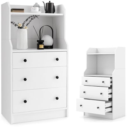 KOMFOTTEU Kommode aus Holz, 3 Schubladen, halboffenes Fach, oberes Regal, Aufbewahrungsmöbel, Kippschutz, Aufbewahrungsschrank für Schlafzimmer, Wohnzimmer, 58 x 36 x 111 cm, Weiß