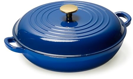 CAROTE 3.4QT Enameled Cast Iron Braiser Pan, Shallow Dutch Oven Casserole Skillets, Non-Toxic Cast Iron Pot with Lid for Grilling, Searing, Baking, Dual Handles, All Stovetop Compatible, Blue