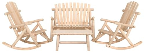 Lot de 4 meubles de jardin en épicéa massif, chaises à bascule et banc d'extérieur avec table basse, capacité de charge de 110 kg, pour terrasse, balcon, véranda