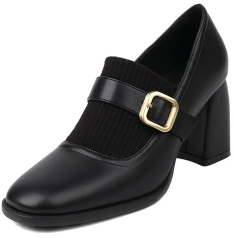 Qynthra Décolleté Mary Jane da Donna Punta Quadrata Tacco Largo con Fibbia Dorata e Parte Superiore in Maglia Morbida Stile retrò Elegante,Nero,46 EU