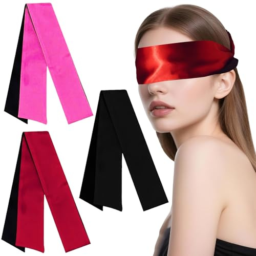 YAOYYG - Lote de 3 mascarillas para dormir, satén con diadema, ojo | Diadema para ojos de noche, raso, máscara de ojo de sueño, para adultos parejas enamoradas, 135 x 7,5 cm (negro, rojo, rosa)