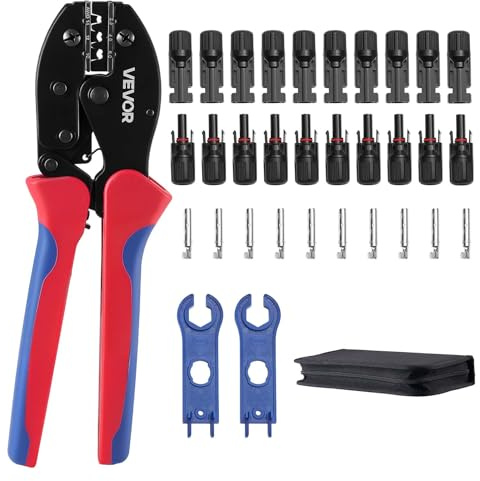 VEVOR Crimpadora Terminales Eléctricos, 2,5-6 mm², Alicates de Crimpado con Trinquete, con Conectores Solares y de Cables Llaves Bolsa de Transporte, Marcas Métrica y de AWG, Herramienta de Crimpado