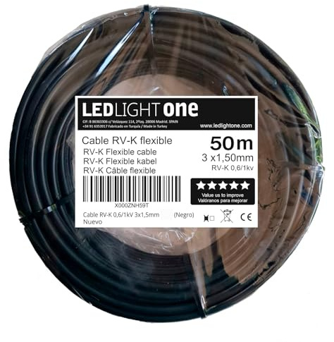 Led Light One Kabel RV-K 0,6/1 kV 3 x 1,5 mm 50 m (schwarz) Betriebsspannung:1000V Maximale Temperatur 90º. Für Innen- oder Außeninstallation, in der Luft, im Rohr oder unter der Erde.