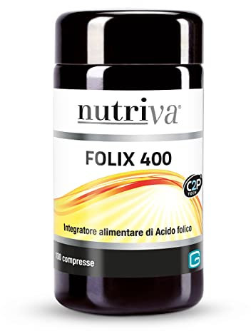 NUTRIVA Folix 400, Integratore alimentare a base di Acido Folico. Integratore per donne, utile per stanchezza e affaticamento. Utile in gravidanza. 100 compresse. C2P® Tech