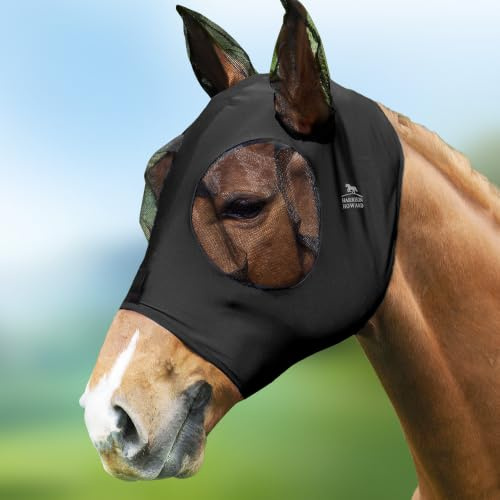 Harrison Howard Masque Anti-Mouches en Lycra pour Cheval, XL, Noir Piano.