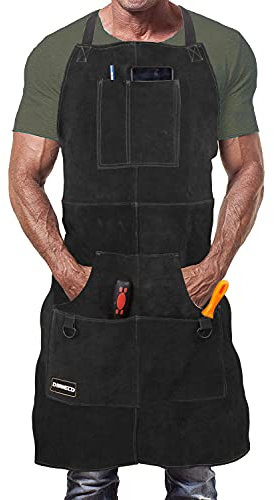 DIMWELD Welding Apron. Leather Apron. Leather Aprons for Men Workshop. Welders and Blacksmith Apron With 6 pockets for men. Heat and Flame Resistant Stitched in Kevlar - Dark Brown