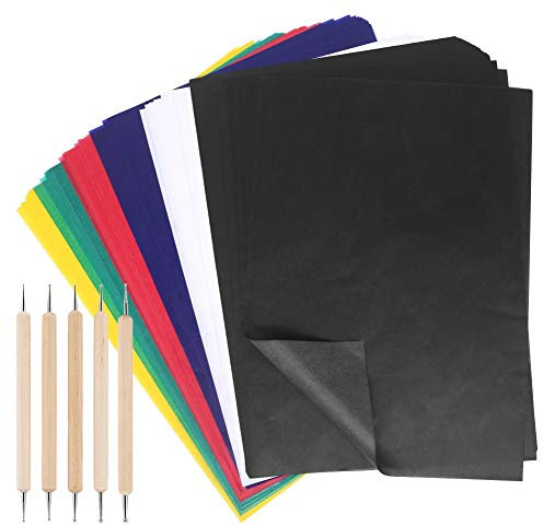 100 Blatt Transferpapier Bunt Wasserlösliches Carbon Pauspapier mit 5 Prägestiften für Musterübertragung auf Stoff und Leinwand Nähzubehör