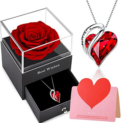 Rosa Eterna con Collana,Rosa Stabilizzata Vera con Ciondolo Rubino Argento 925 Donna,Rosse Eternal Rose Confezione Regalo,Regalo per La Festa Della Mamma,San Valentino Anniversario Matrimonio per Lei