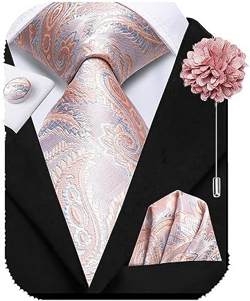 Hi-Tie Seidenkrawatte und Einstecktuch, Manschettenknöpfe, Reversnadel-Set, Jacquard, Hochzeit, Business, Krawatte für formelle Anlässe, hellrosa, M
